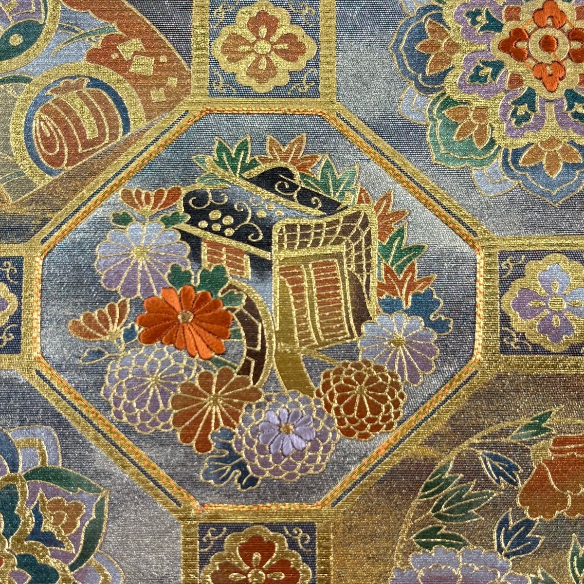 袋帯 秀品 関西仕立て 蜀江紋 華文 刺繍 金銀彩 青灰色 お太鼓柄 正絹