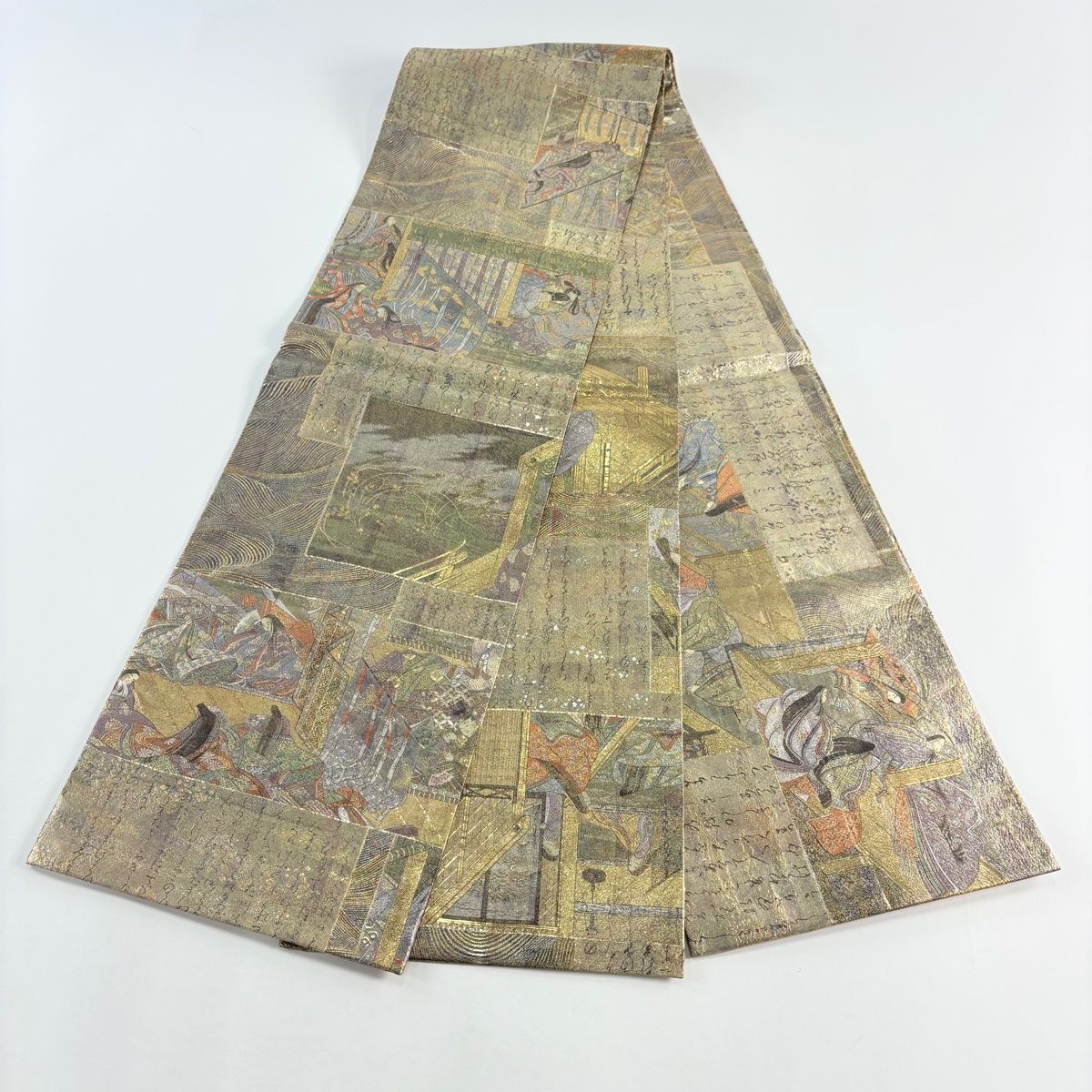  丸帯 秀品 人物 文字 箔 金色 お太鼓柄 正絹 丸帯 帯