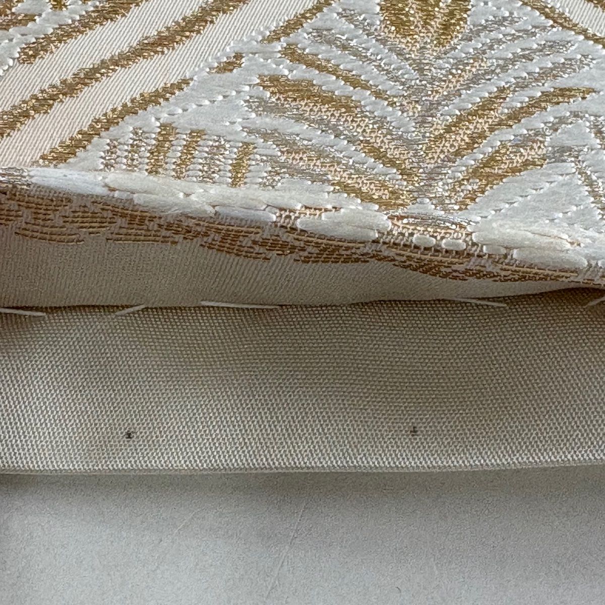 美品】 袋帯 秀品 花菱 若松 唐織 金銀糸 クリーム 六通 正絹 【中古