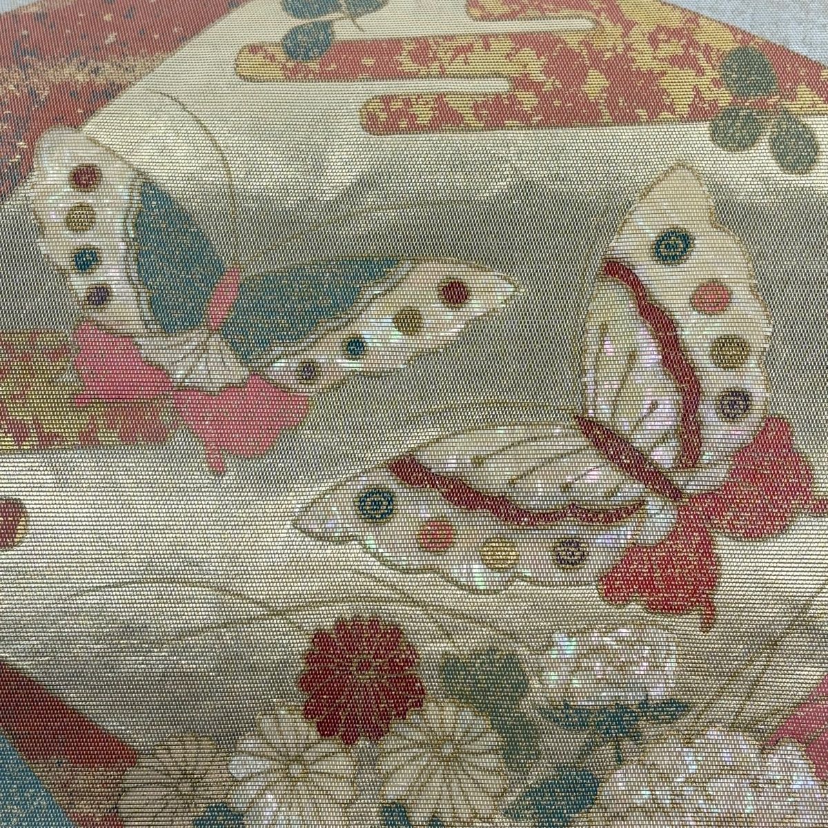 袋帯 秀品 蝶 菊 螺鈿 金銀彩 灰色 お太鼓柄 正絹 【中古】 - メルカリ