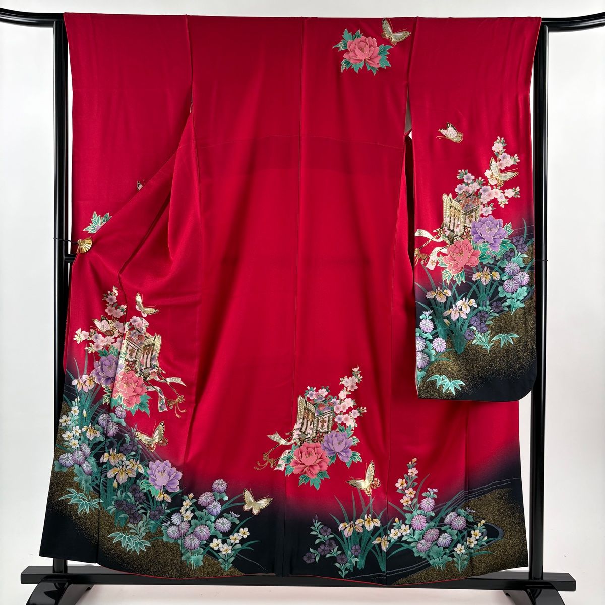 美品】 振袖 身丈158.5cm 裄丈63.5cm S 袷 袋帯フルセット 御所車 蝶