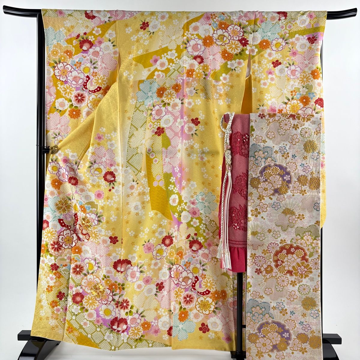 振袖 身丈163cm 裄丈67cm M 袷 袋帯フルセット 桜 手鞠 銀通し 金彩