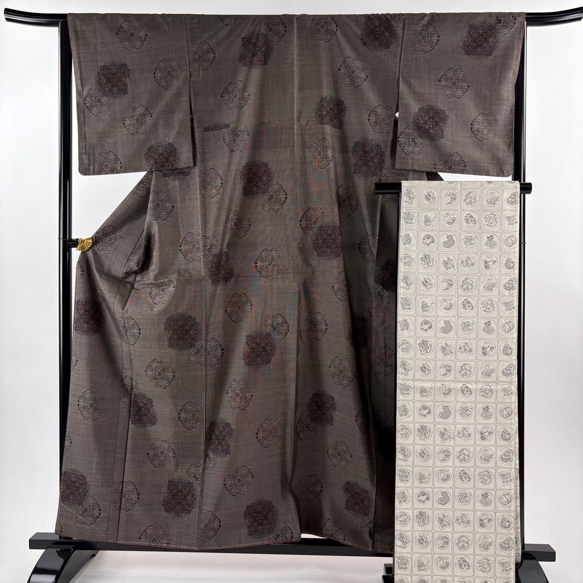 大島紬 身丈160 cm 裄丈64.5 M 袷 袋帯セット 証紙 華文 焦茶色 正絹 秀品