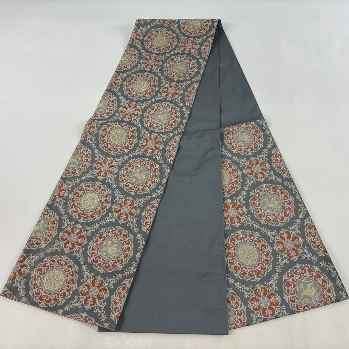 美品】 袋帯 逸品 人間国宝 北村武資 落款 華文 花鳥 金糸 灰色 六通