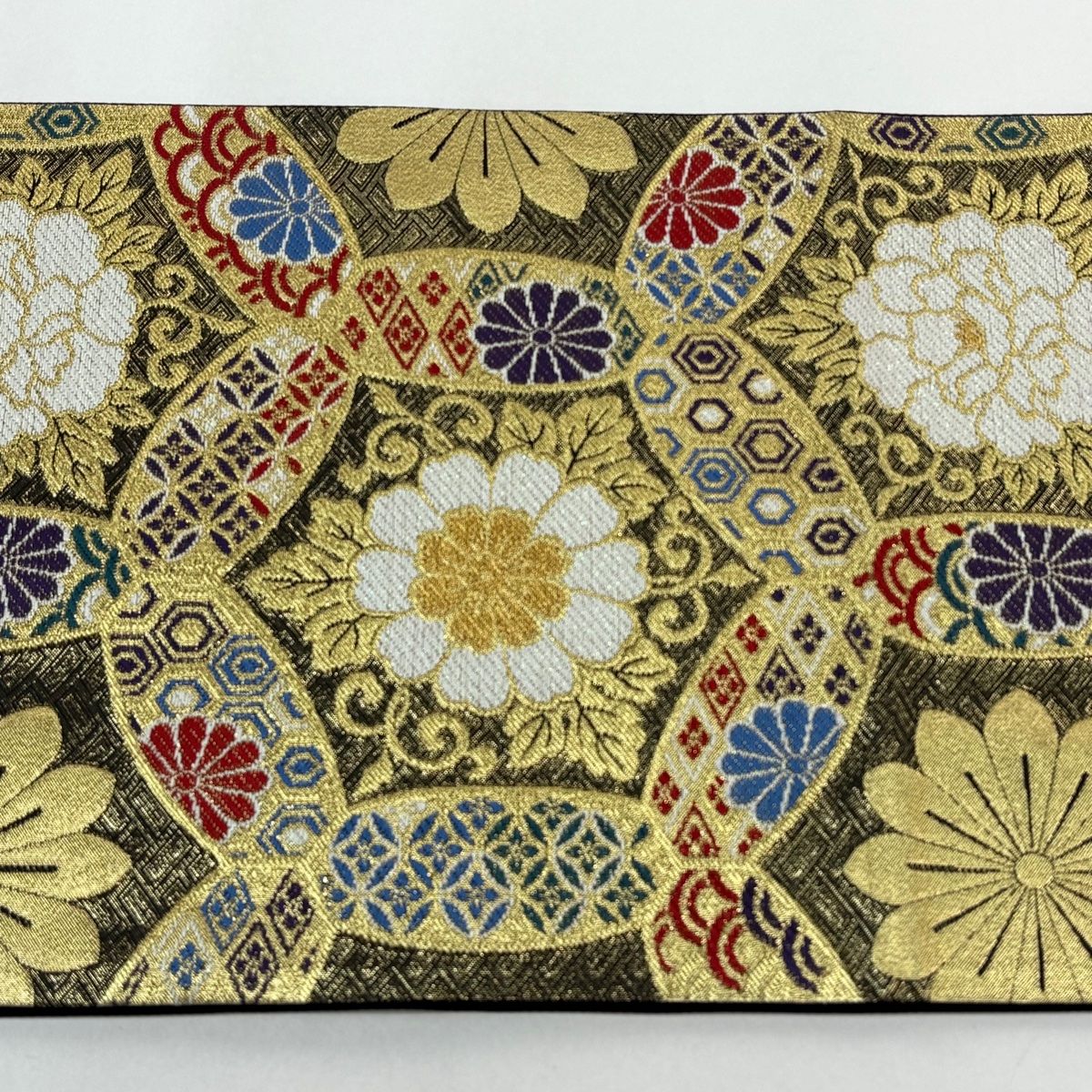 美品】 袋帯 秀品 草花 有職文様 金糸 刺繍 金色 六通 正絹 【中古