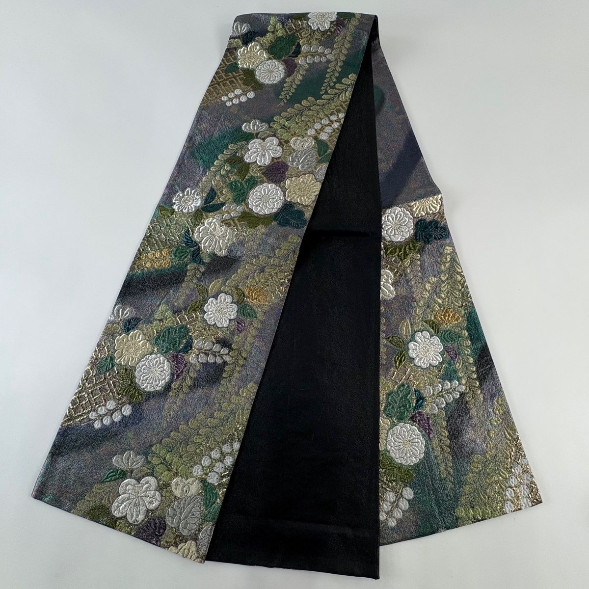 美品】 袋帯 秀品 辻が花柄 藤 金銀糸 箔 灰紫 六通 正絹 【中古