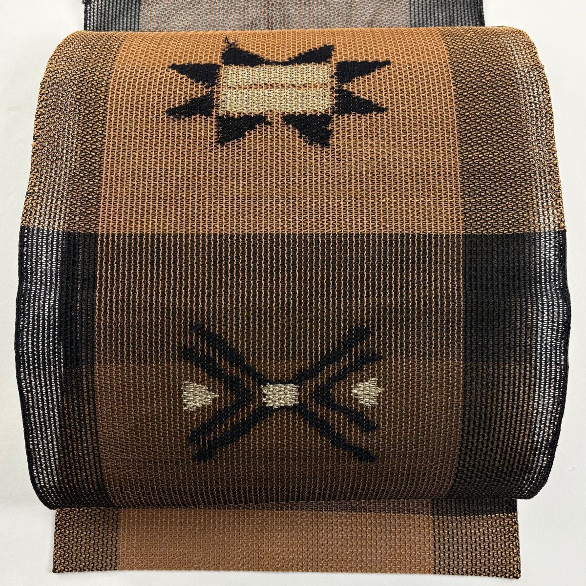 名古屋帯 秀品 八寸名古屋帯 松葉仕立て 夏帯 幾何学模様 金糸 茶色