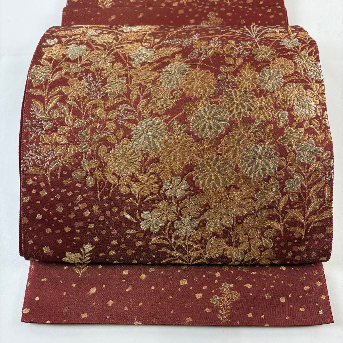 【美品】 袋帯 秀品 花井幸子 落款 秋草 箔散らし 金銀糸 箔 赤 六通 正絹 【】