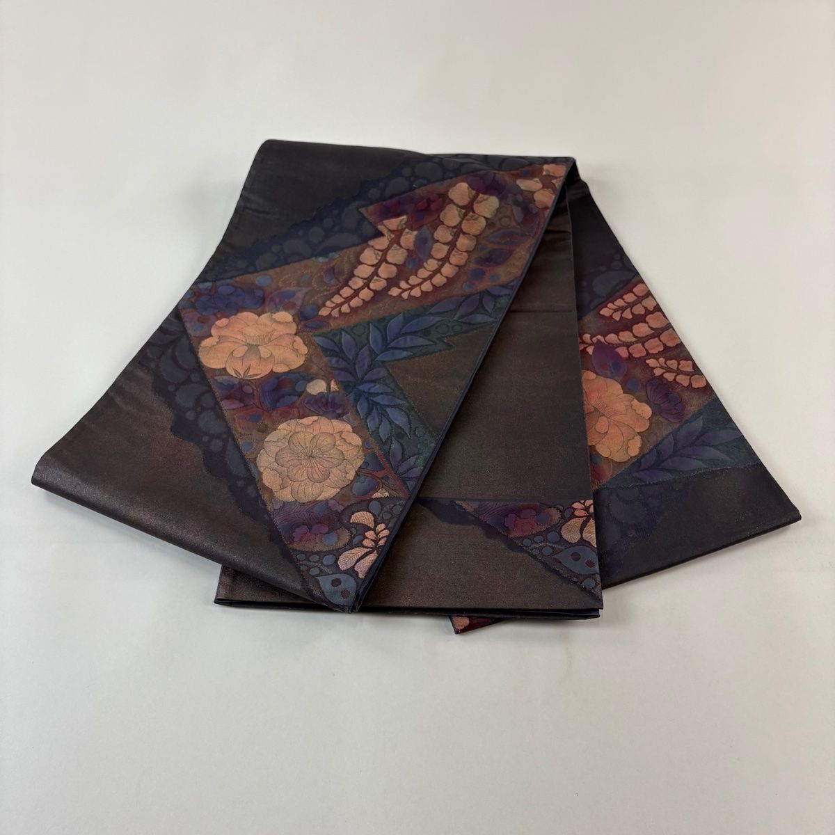 美品】 袋帯 秀品 辻が花柄 幾何学模様 金糸 箔 灰紫 お太鼓柄 正絹