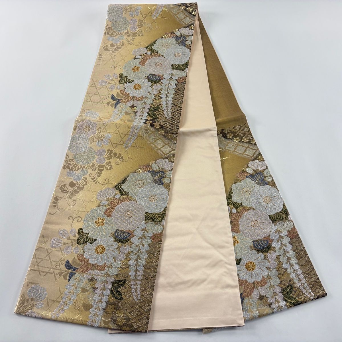 美品】 袋帯 秀品 辻ヶ花柄 籠目 箔 唐織 ベージュ 六通 正絹 【中古