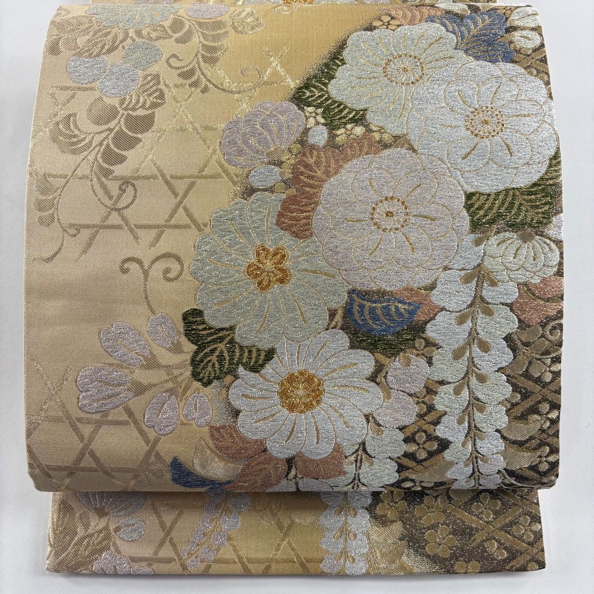 美品】 袋帯 秀品 辻ヶ花柄 籠目 箔 唐織 ベージュ 六通 正絹 【中古