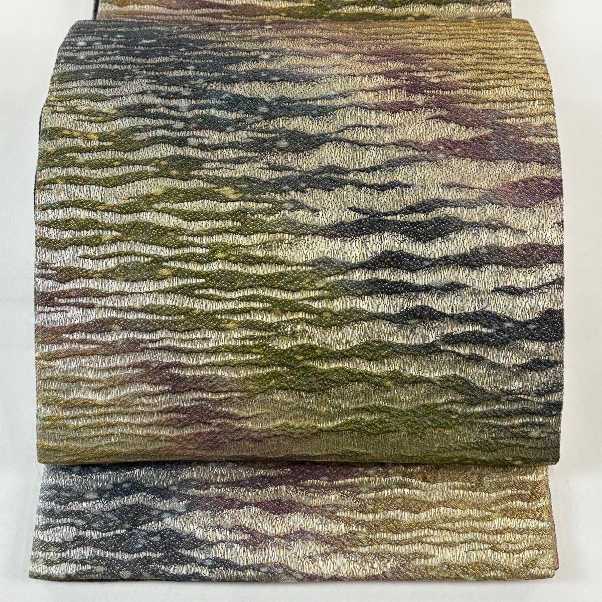 美品】 袋帯 秀品 霞 幾何学模様 箔 金糸 茶緑色 全通 正絹 【中古