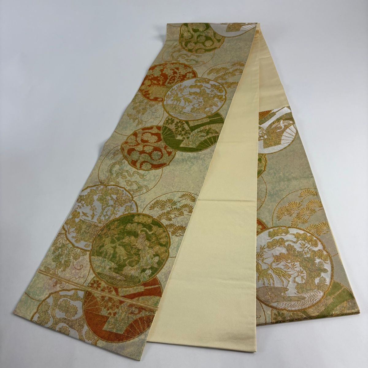 袋帯 秀品 川島織物 落款 松 向かい鳥 金糸 箔 金色 六通 正絹 【中古