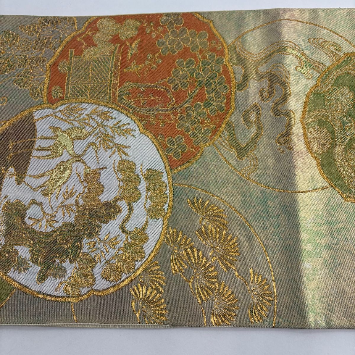 408my12◇川島織物 蘭 カトレヤ 金糸 銀糸 六通 本袋帯◇美品 袋帯 秀品 川島織物 落款 松 向かい鳥 金糸 箔 金色 六通 正絹 【中古