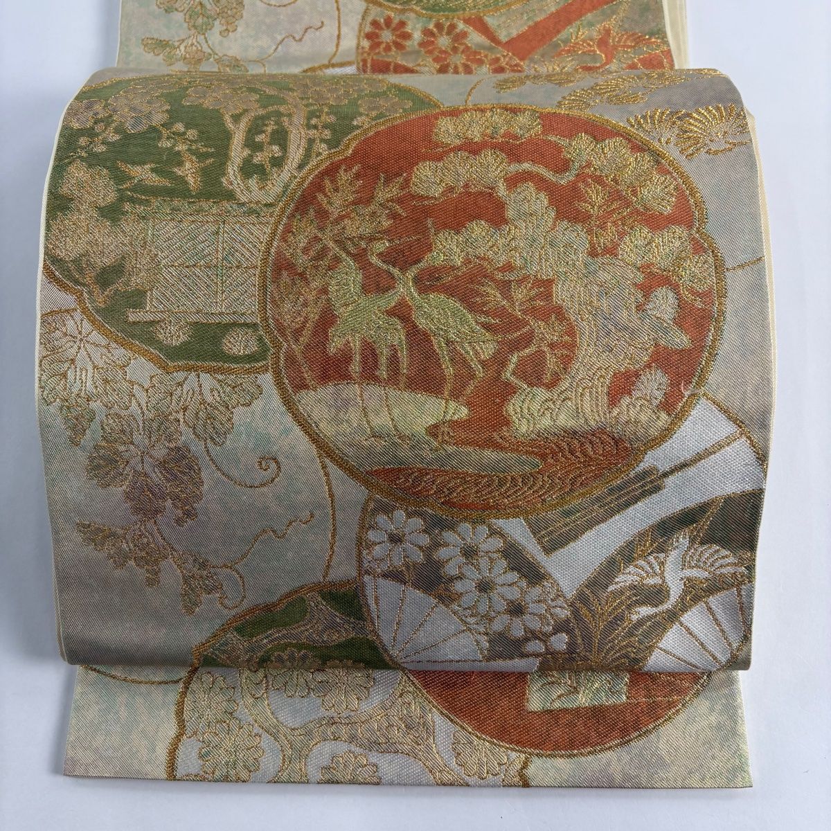 袋帯 秀品 川島織物 落款 松 向かい鳥 金糸 箔 金色 六通 正絹 【中古