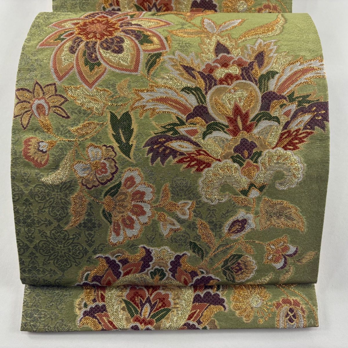 袋帯 秀品 草花 花唐草 箔 金糸 よもぎ色 六通 正絹