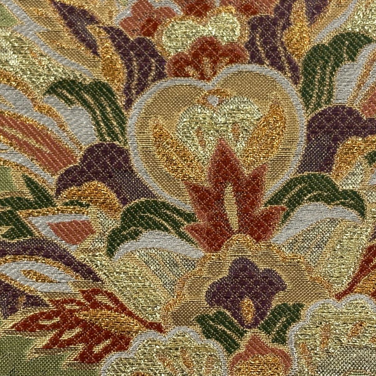 袋帯 秀品 草花 花唐草 箔 金糸 よもぎ色 六通 正絹