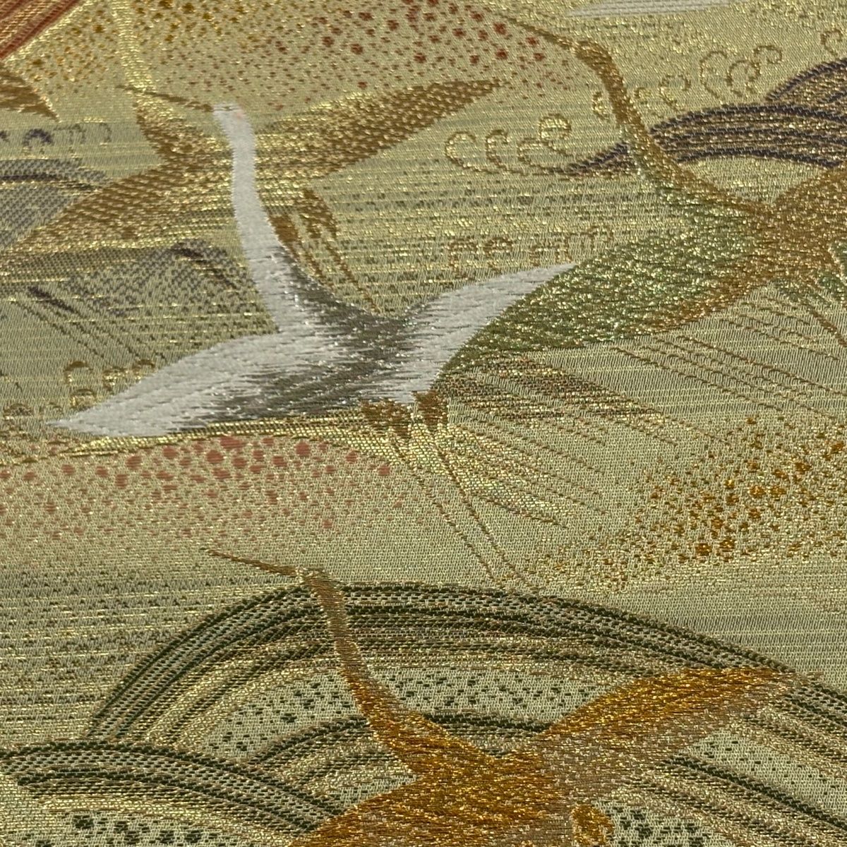 袋帯 秀品 舞鶴波涛文 金銀糸 箔 抹茶色 六通 正絹