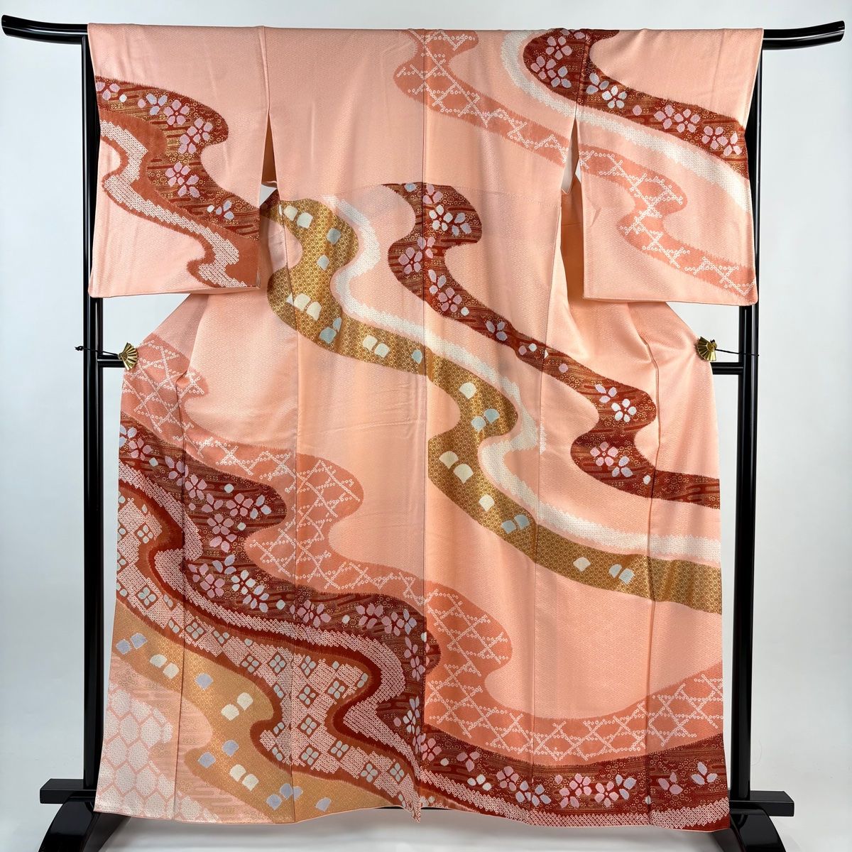 訪問着 身丈161.5 cm 裄丈66 M 袷 花 流水 金彩 染め分け ピンク 正絹 秀品
