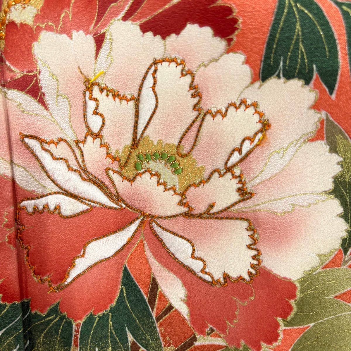 振袖 身丈152.5cm 裄丈67cm M 袷 松竹梅 牡丹 金糸 金彩 オレンジ 正絹