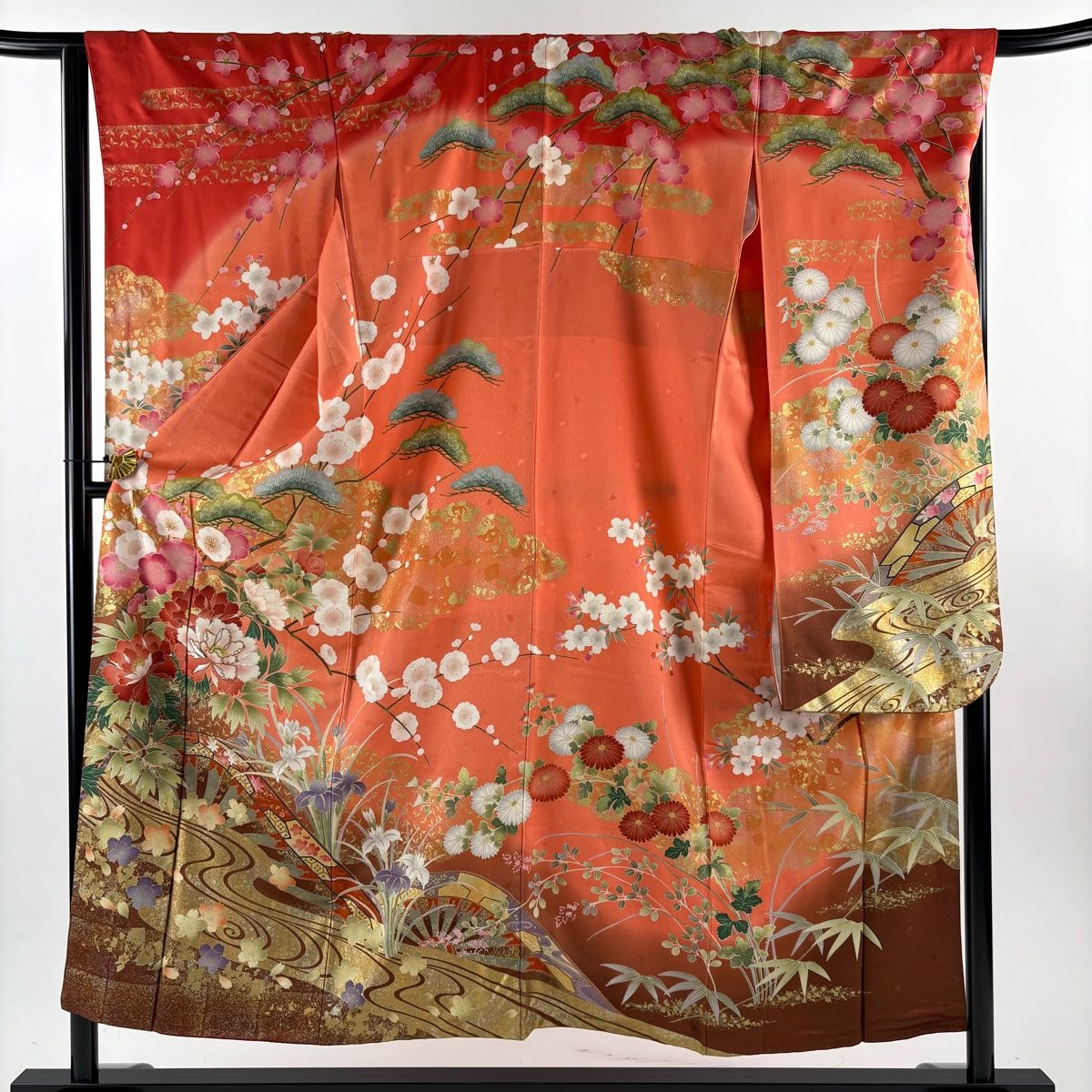 振袖 身丈152.5cm 裄丈67cm M 袷 松竹梅 牡丹 金糸 金彩 オレンジ 正絹