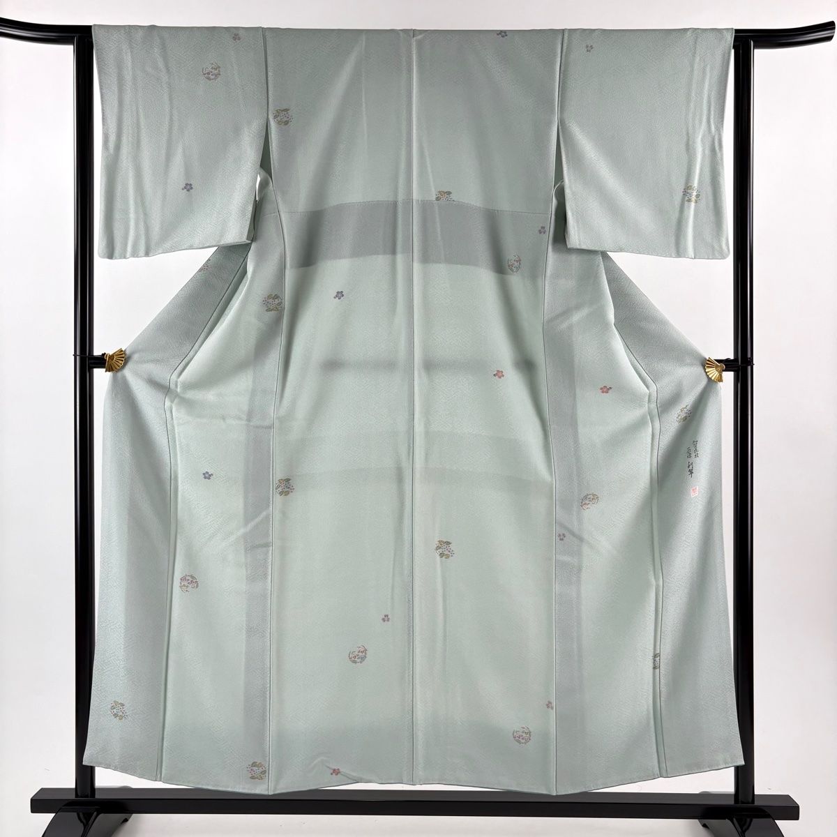 小紋 身丈155 cm 裄丈63.5 S 袷 花丸文 梅 薄緑 正絹 秀品