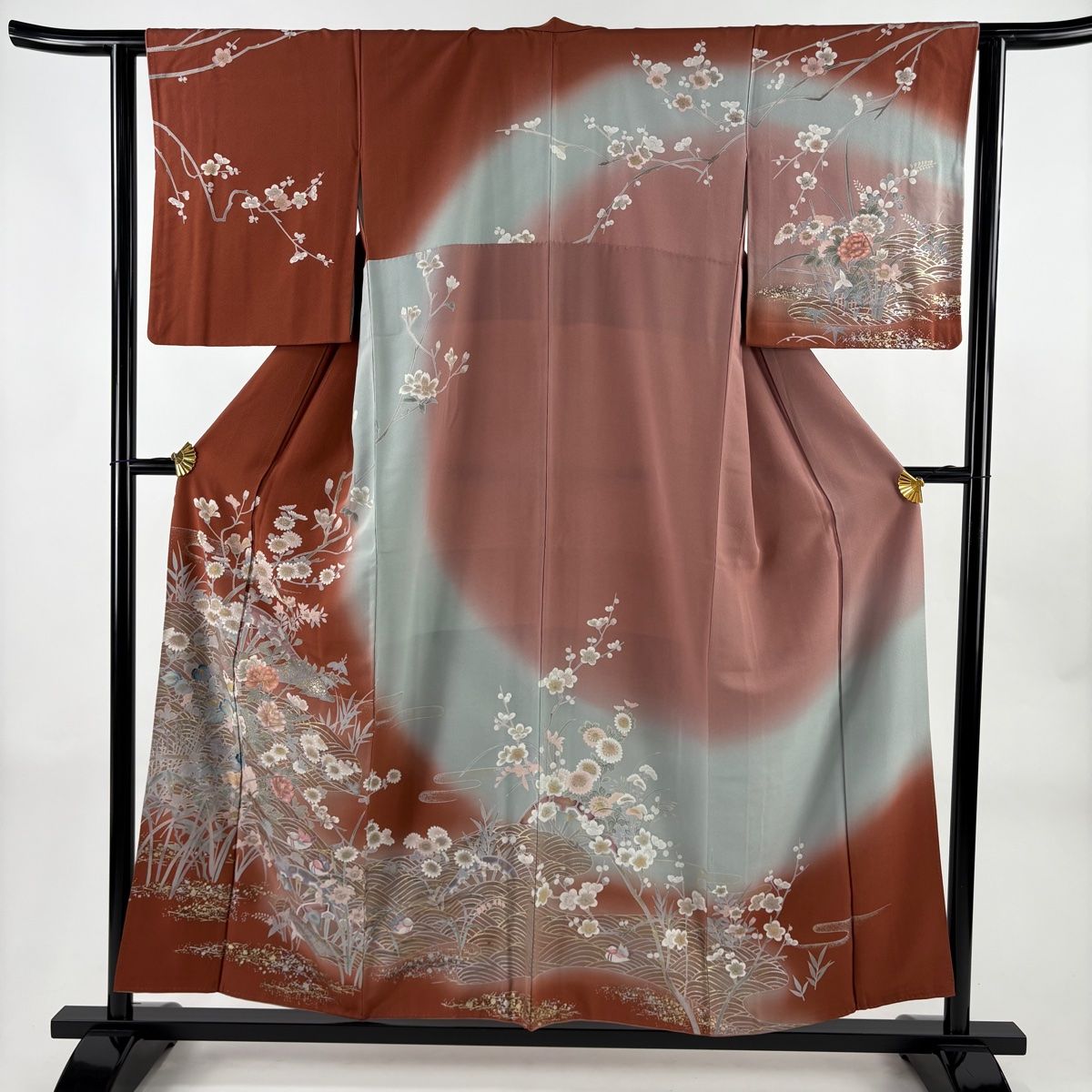 訪問着 身丈154 5 cm 裄丈63 S 袷 草花 波 金銀彩 ぼかし 赤茶 正絹 秀品