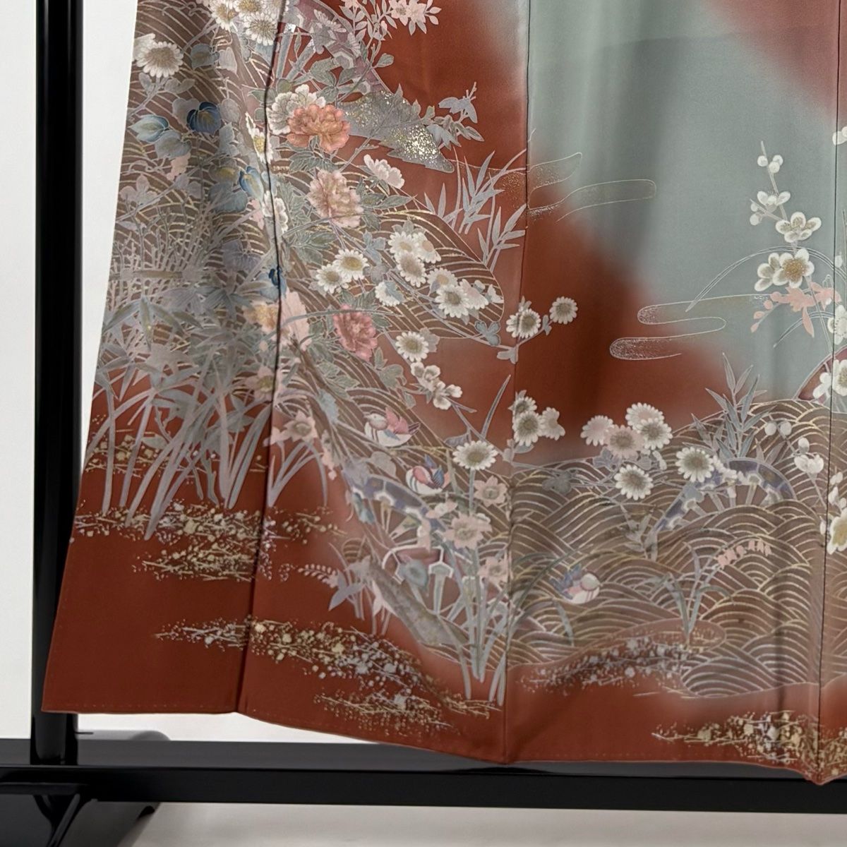 訪問着 身丈154.5 cm 裄丈63 S 袷 草花 波 金銀彩 ぼかし 赤茶 正絹 秀品