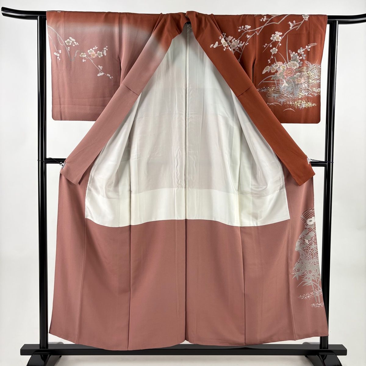  訪問着 身丈154 5 cm 裄丈63 S 袷 草花 波 金銀彩 ぼかし 赤茶 正絹 秀品 訪問着 付け下げ 着物