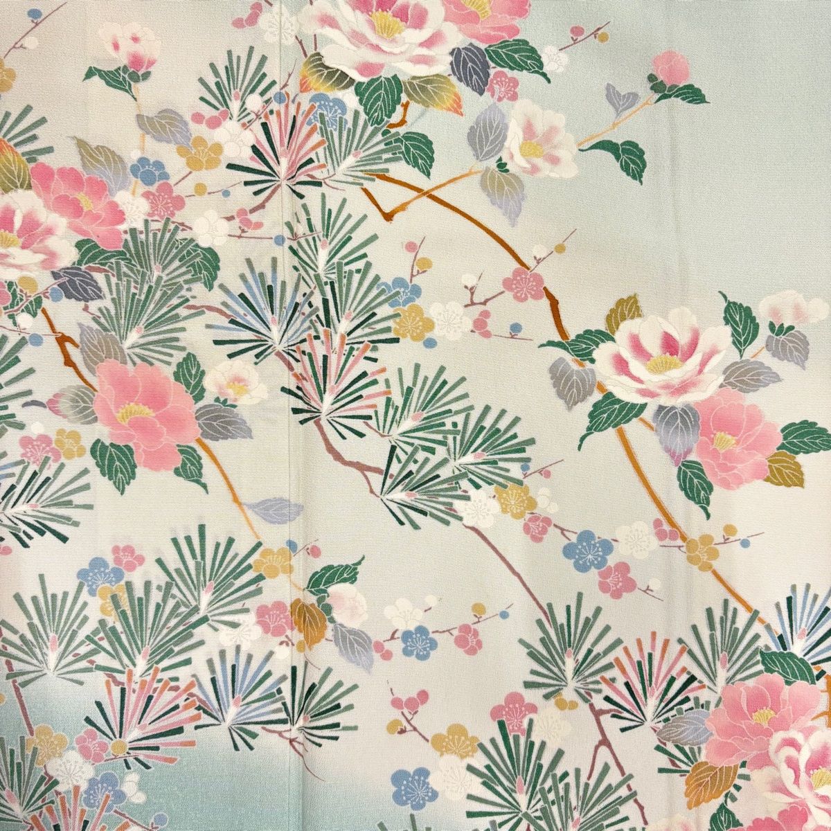  訪問着 身丈166 cm 裄丈68.5 L 袷 松梅 枝花 ぼかし 薄緑 正絹 秀品 訪問着 付け下げ 着物