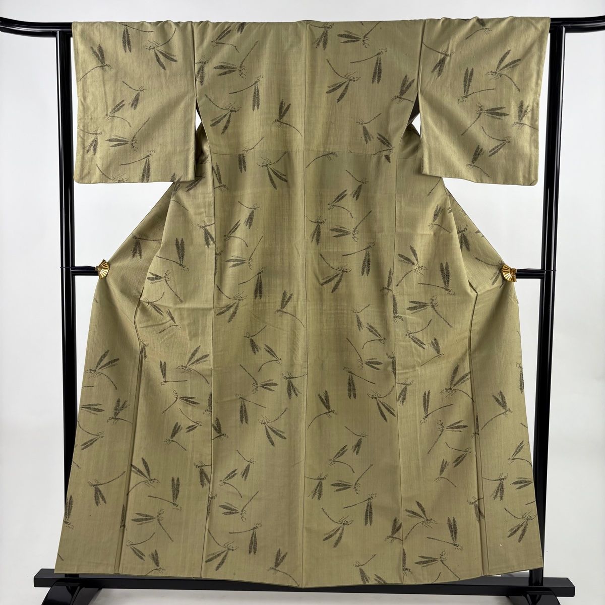 紬 身丈156 cm 裄丈63.5 S 袷 七代目清三郎 落款 トンボ 灰緑 正絹 秀品