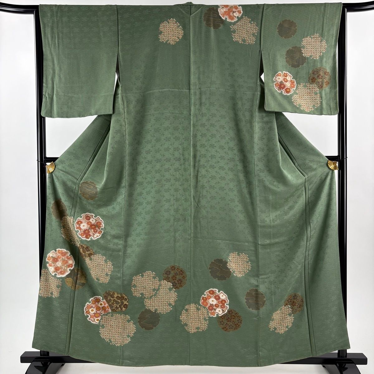 訪問着 身丈161cm 裄丈64cm M 袷 雪輪 草花 金彩 絞り 灰緑 正絹 秀品 【】