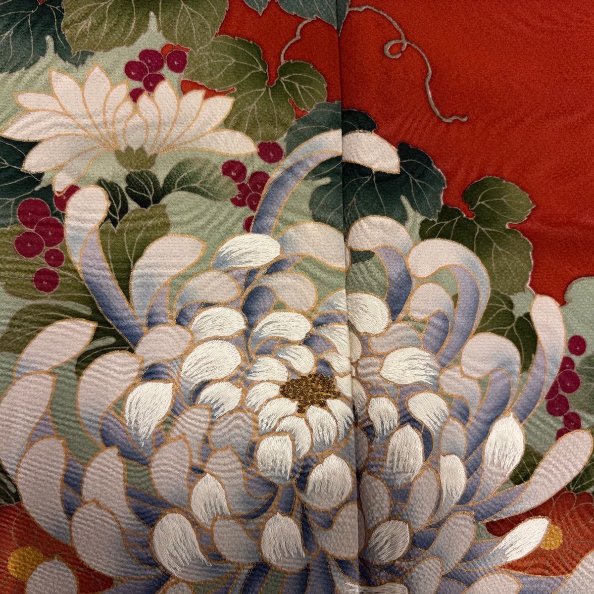 訪問着 身丈162.5cm 裄丈66cm M 袷 花井幸子 落款 菊 葉と実 刺繍 金糸