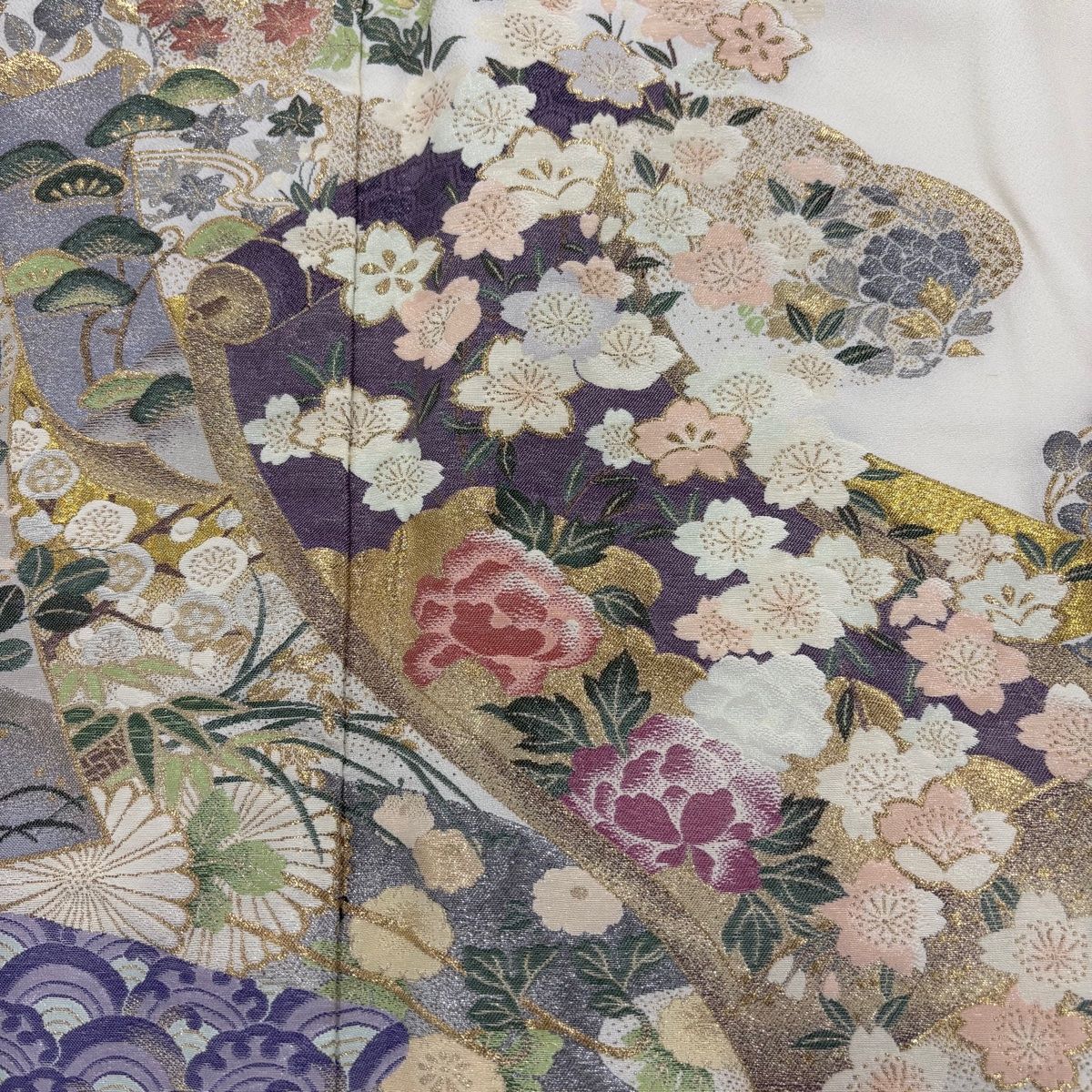 【美品】 色留袖 身丈162cm 裄丈66cm M 袷 琳派早春図 反物 桜 金銀糸 クリーム 正絹 秀品 一つ紋 【】