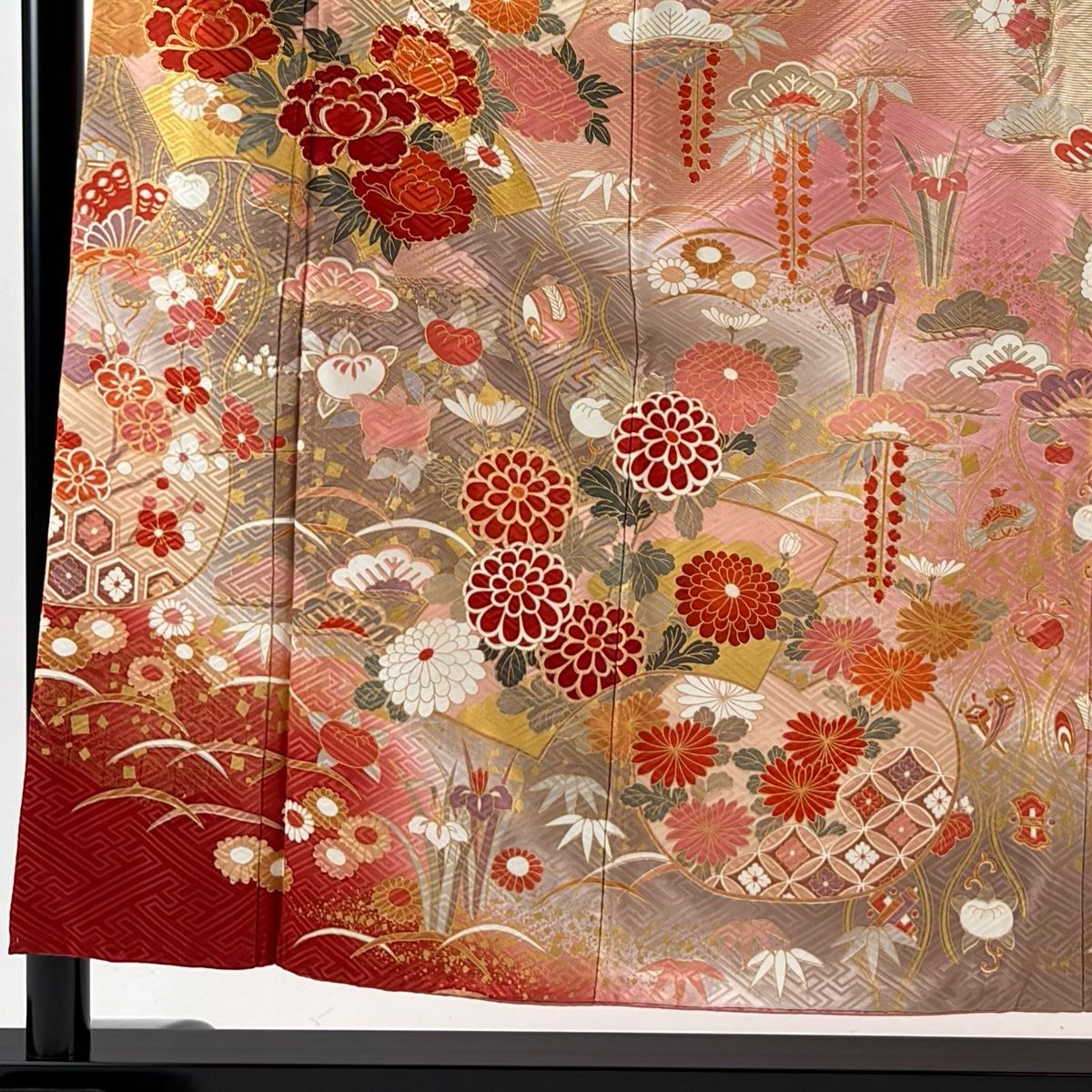 振袖 身丈153.5 cm 裄丈62 S 袷 扇面 草花 金糸 金彩 ピンク 正絹 秀品