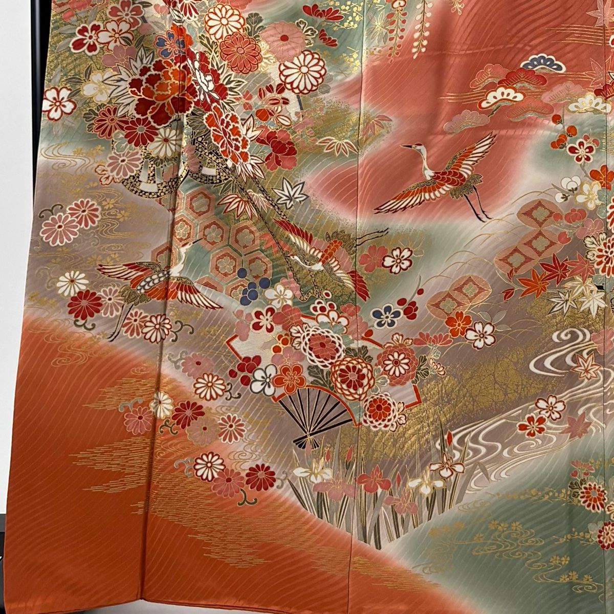 振袖 身丈166 cm 裄丈67.5 L 袷 花車 鶴 金彩 ぼかし ピンクベージュ 正絹 秀品