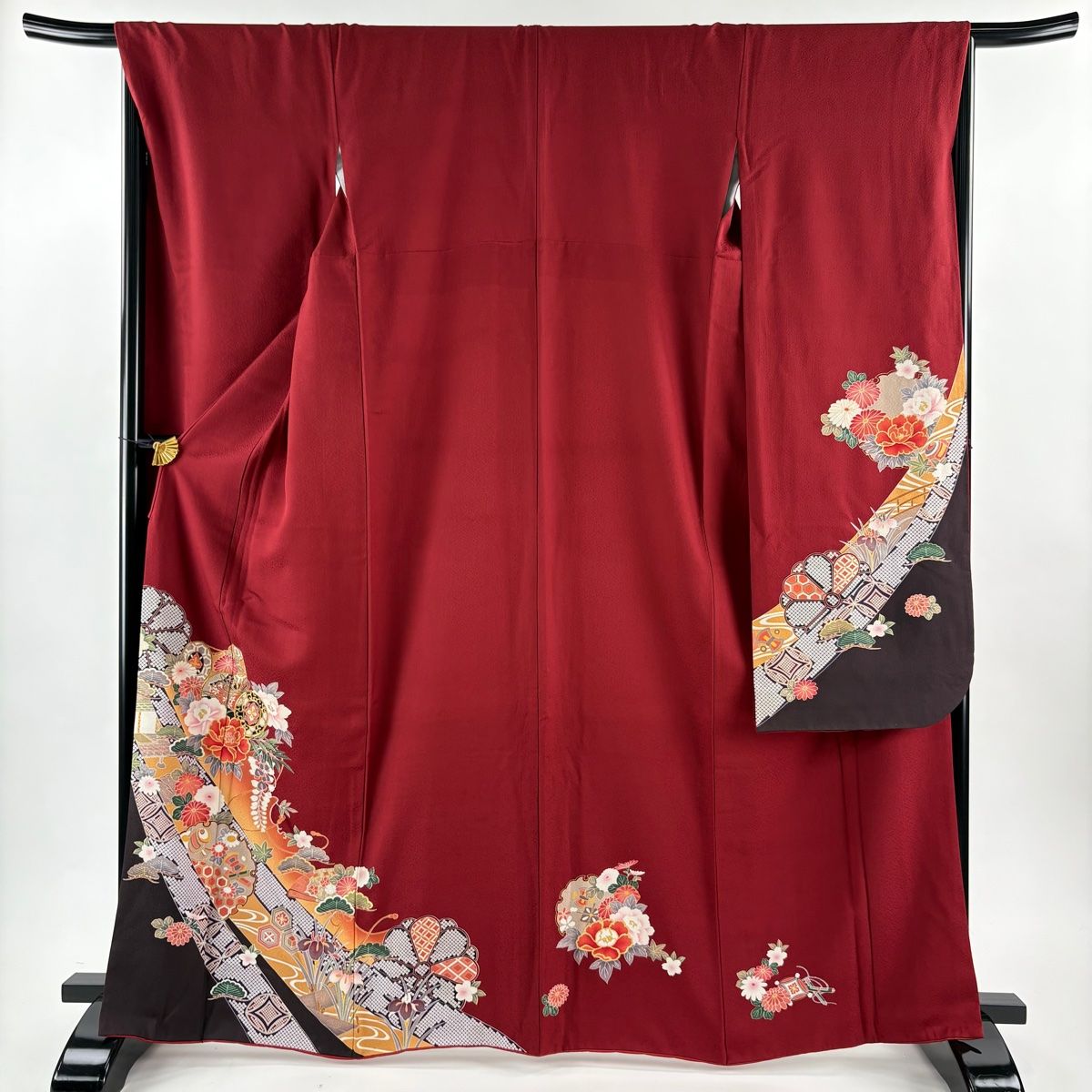 振袖 身丈165.5 cm 裄丈66.5 M 袷 鼓 雪輪 金糸 金彩 えんじ色 正絹 秀品