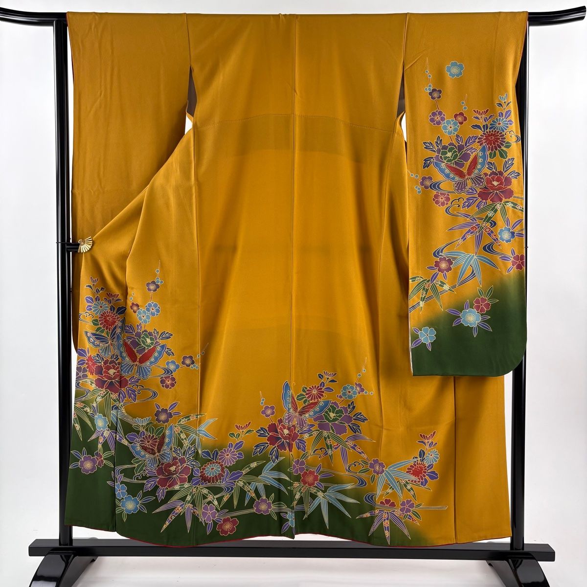 振袖 身丈155 cm 裄丈64 M 袷 牡丹 蝶 金彩 ぼかし 山吹茶色 正絹 秀品