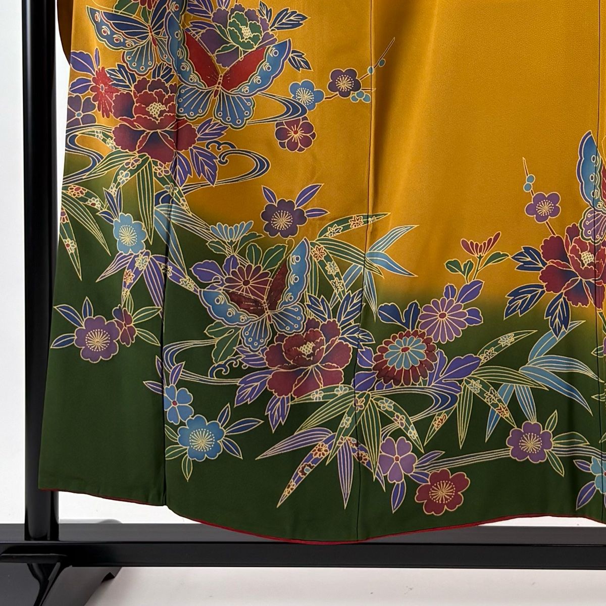 振袖 身丈155 cm 裄丈64 M 袷 牡丹 蝶 金彩 ぼかし 山吹茶色 正絹 秀品