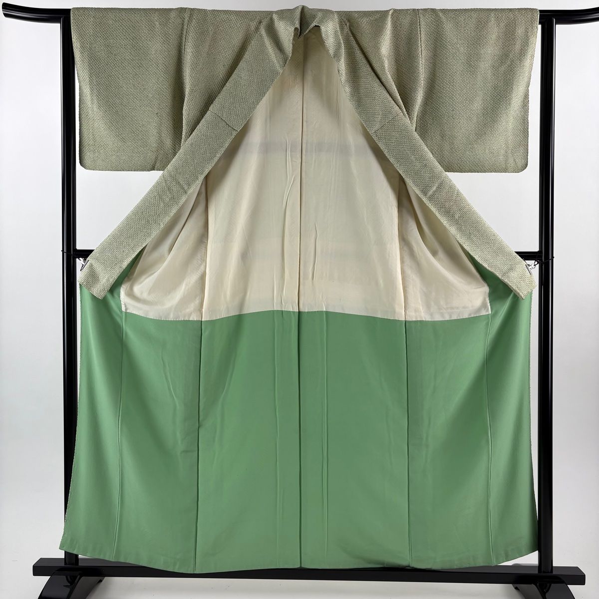 小紋 身丈157.5cm 裄丈62.5cm S 袷 幾何学 総絞り 黄緑色 正絹 秀品