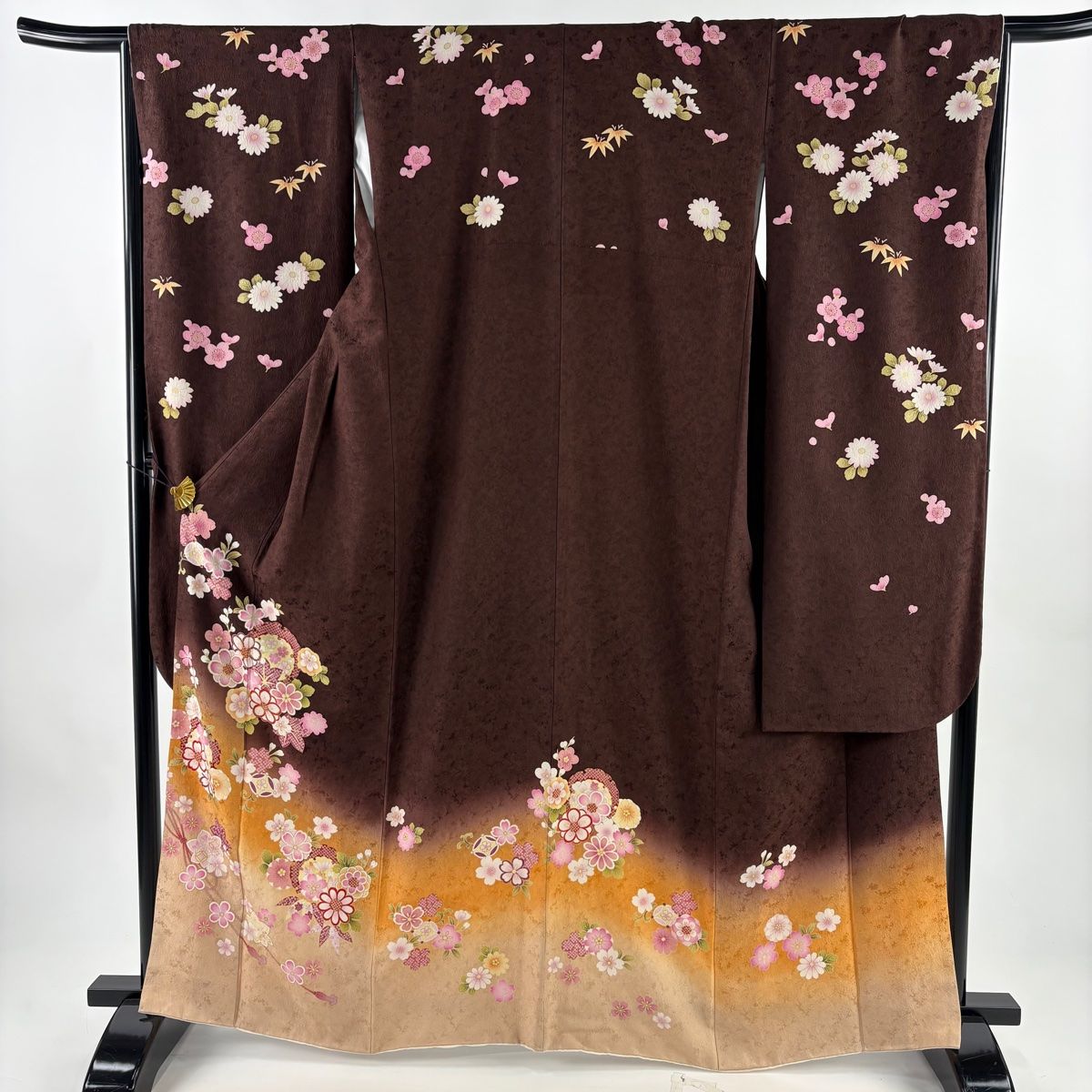 振袖 身丈163 5 cm 裄丈66 M 袷 雪輪 桜 金彩 箔 茶色 正絹 秀品