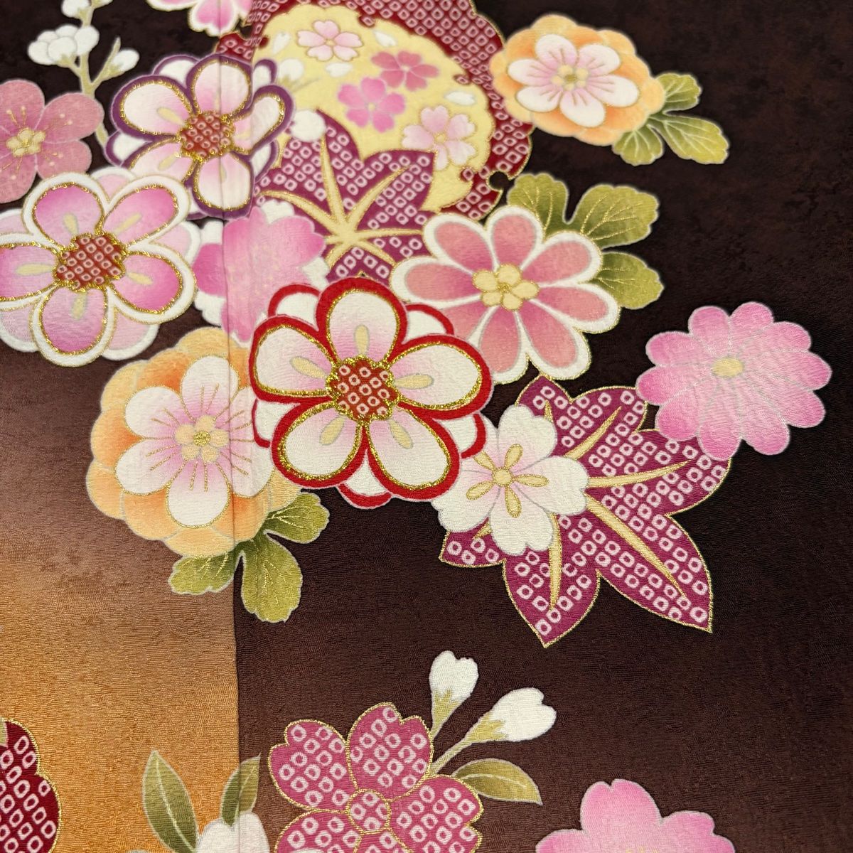  振袖 身丈163 5 cm 裄丈66 M 袷 雪輪 桜 金彩 箔 茶色 正絹 秀品 振袖 着物