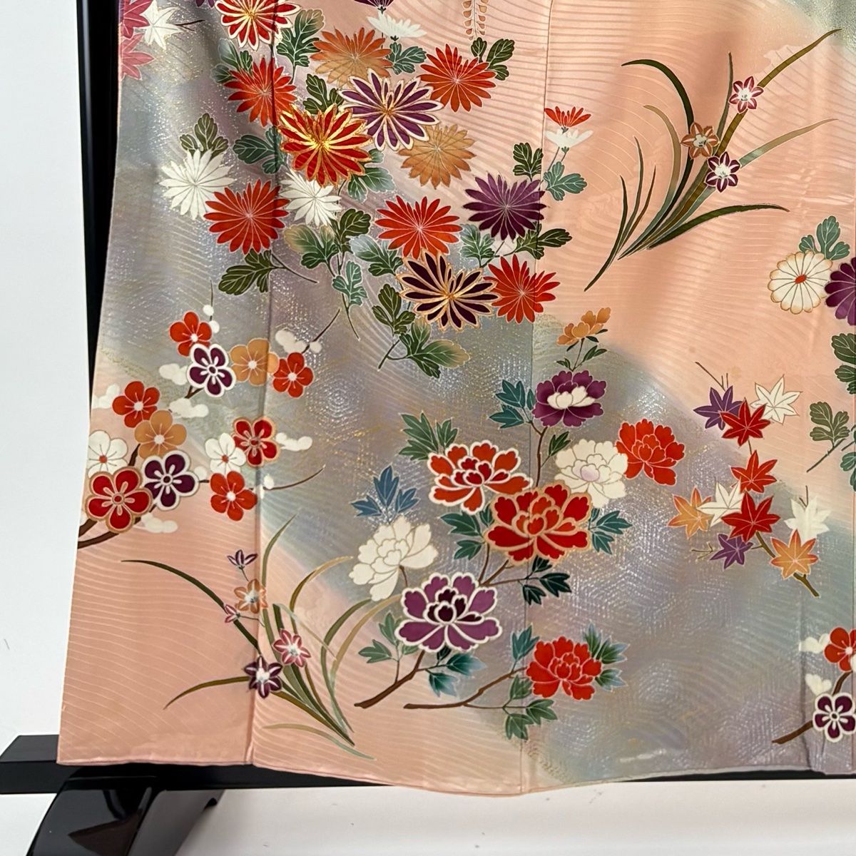 振袖 身丈162 cm 裄丈66 M 袷 菊 藤 金糸 金銀彩 サーモンピンク 正絹 秀品