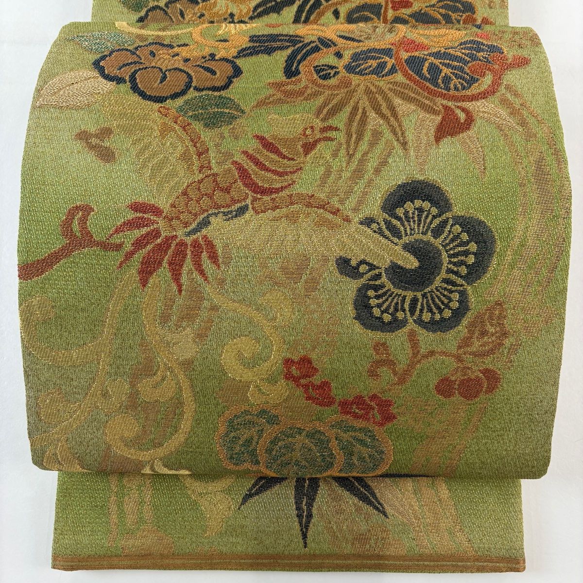 美品】 袋帯 名品 関西仕立て 尾長鳥 草花 金糸 箔 黄緑色 六通 正絹