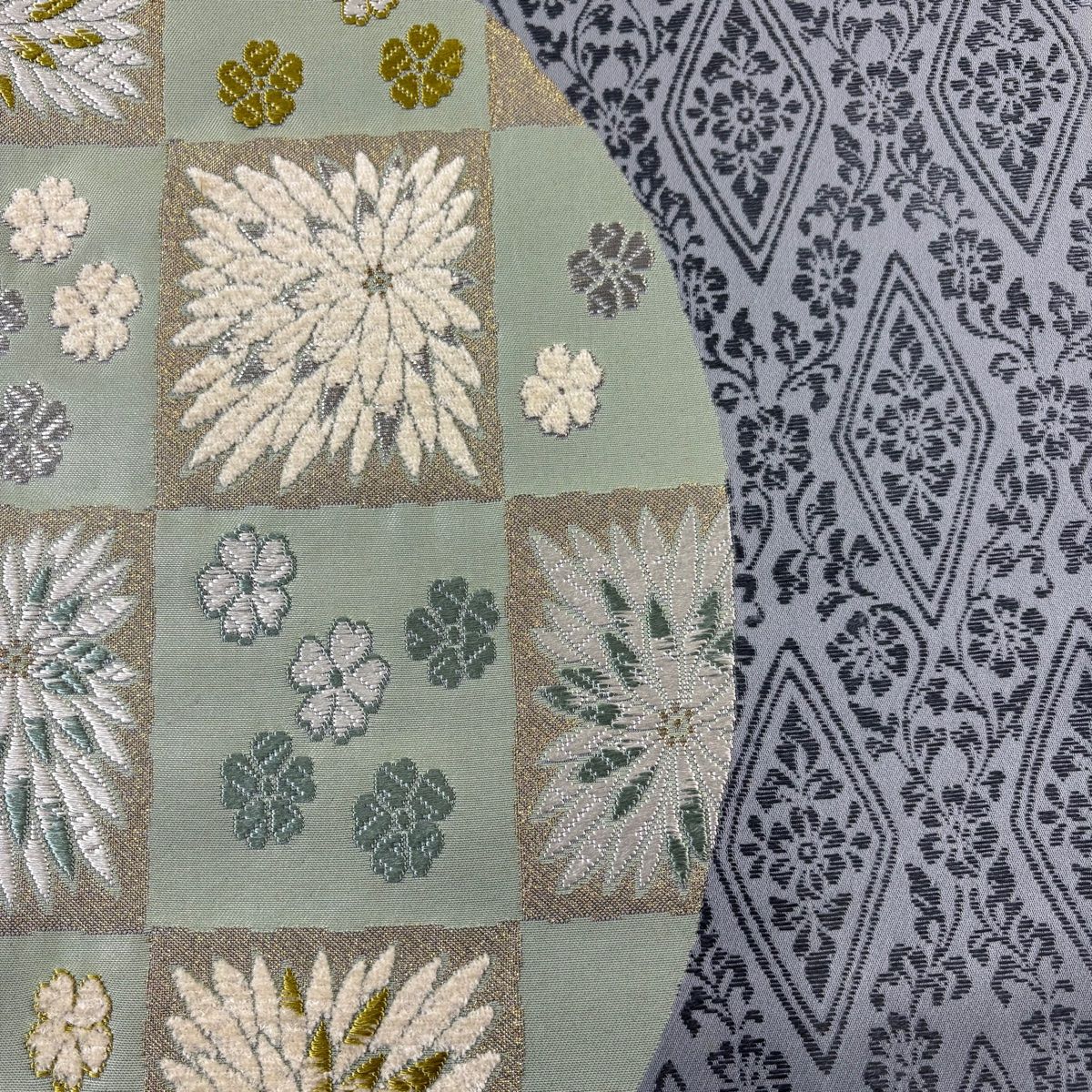 袋帯 菊 市松 金銀糸 青灰色 六通 正絹