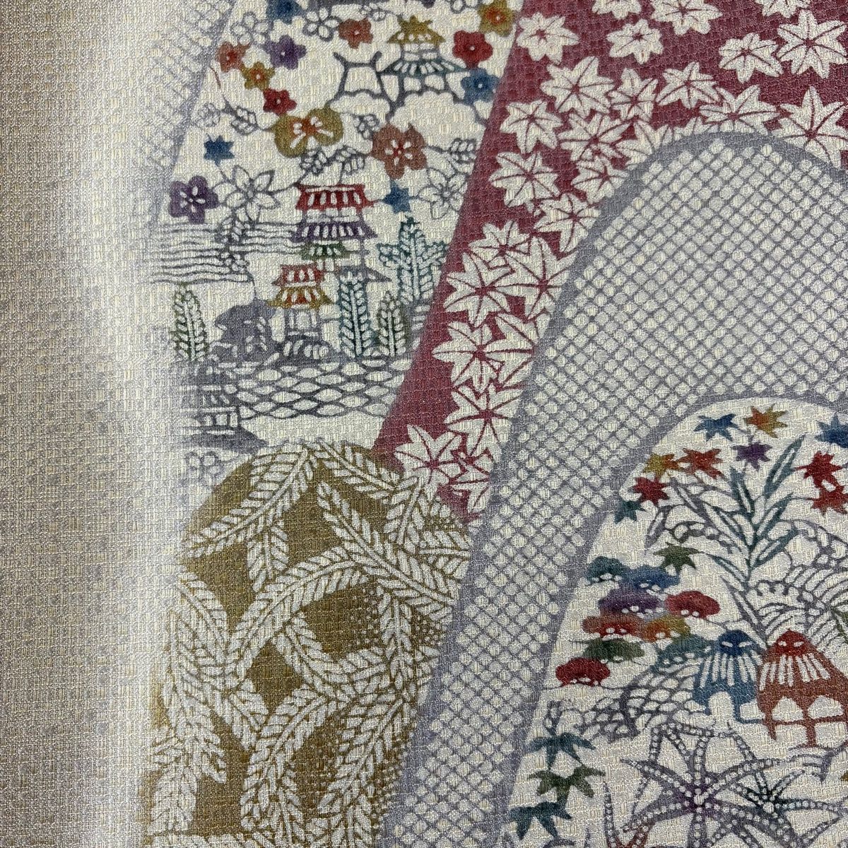 袋帯 風景 建物 薄茶色 お太鼓柄 正絹