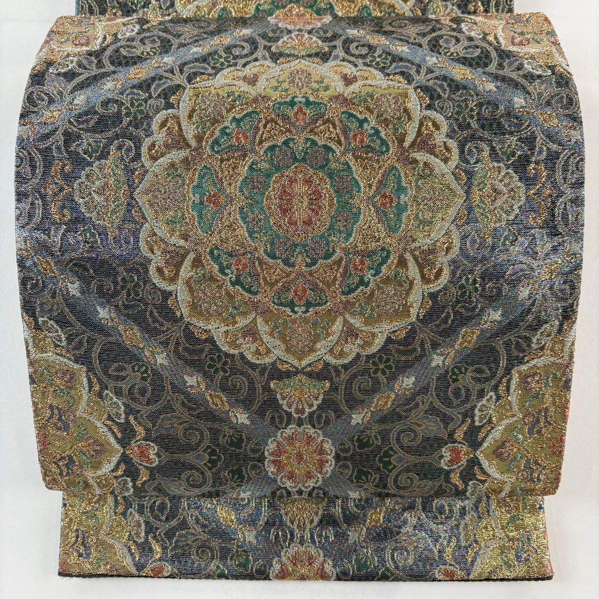 袋帯 華文 花唐草 箔 青緑 六通 正絹