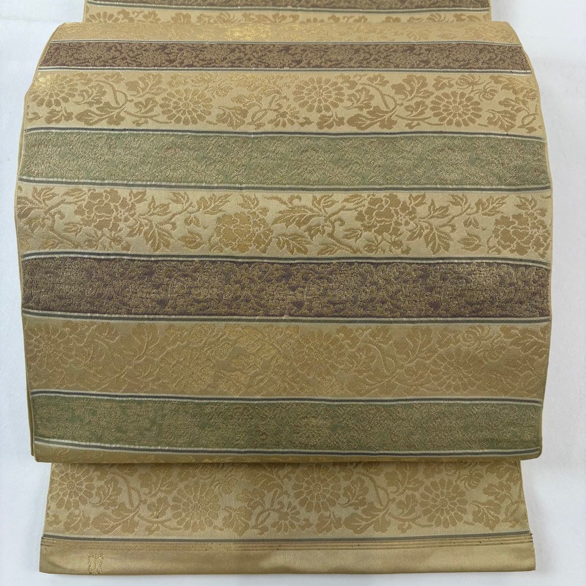 袋帯 名品 川島織物 落款 段縞 花唐草 箔 ベージュ 六通 正絹 【中古