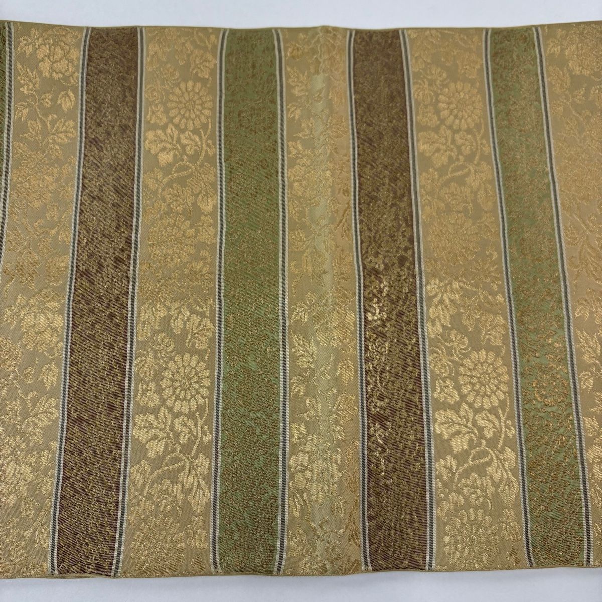 川島織物　袋名古屋帯　　六通　落款あり　ベージュに幾何学模様　化繊　おしゃれ 袋帯 名品 川島織物 落款 段縞 花唐草 箔 ベージュ 六通 正絹 【中古