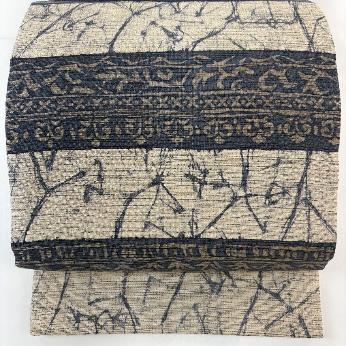 袋帯 草花 縞 ベージュ 全通 正絹